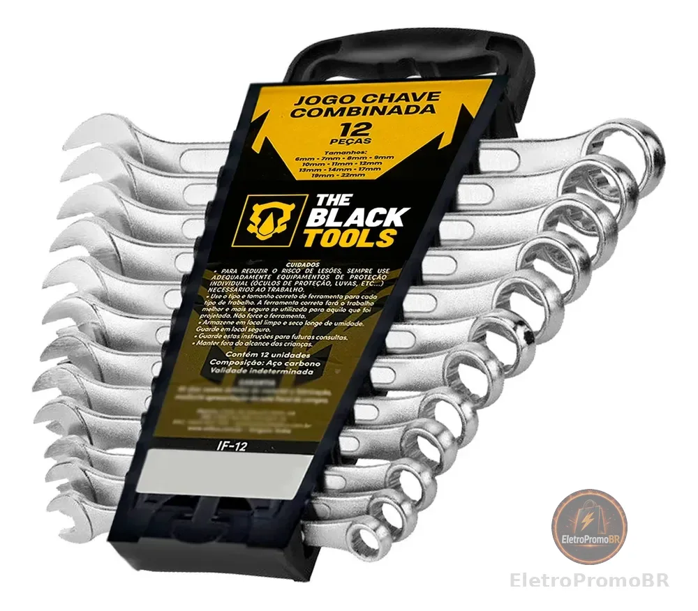 Jogo De Chave Boca E Estrela Combinada 12 Pçs Aço 6 22 Mm Cromada IF-12 The Black Tools