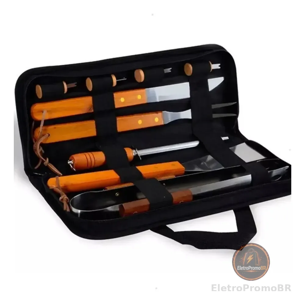 Kit Churrasco Faqueiro Cabo Longo Madeira Maleta Nylon 10pçs