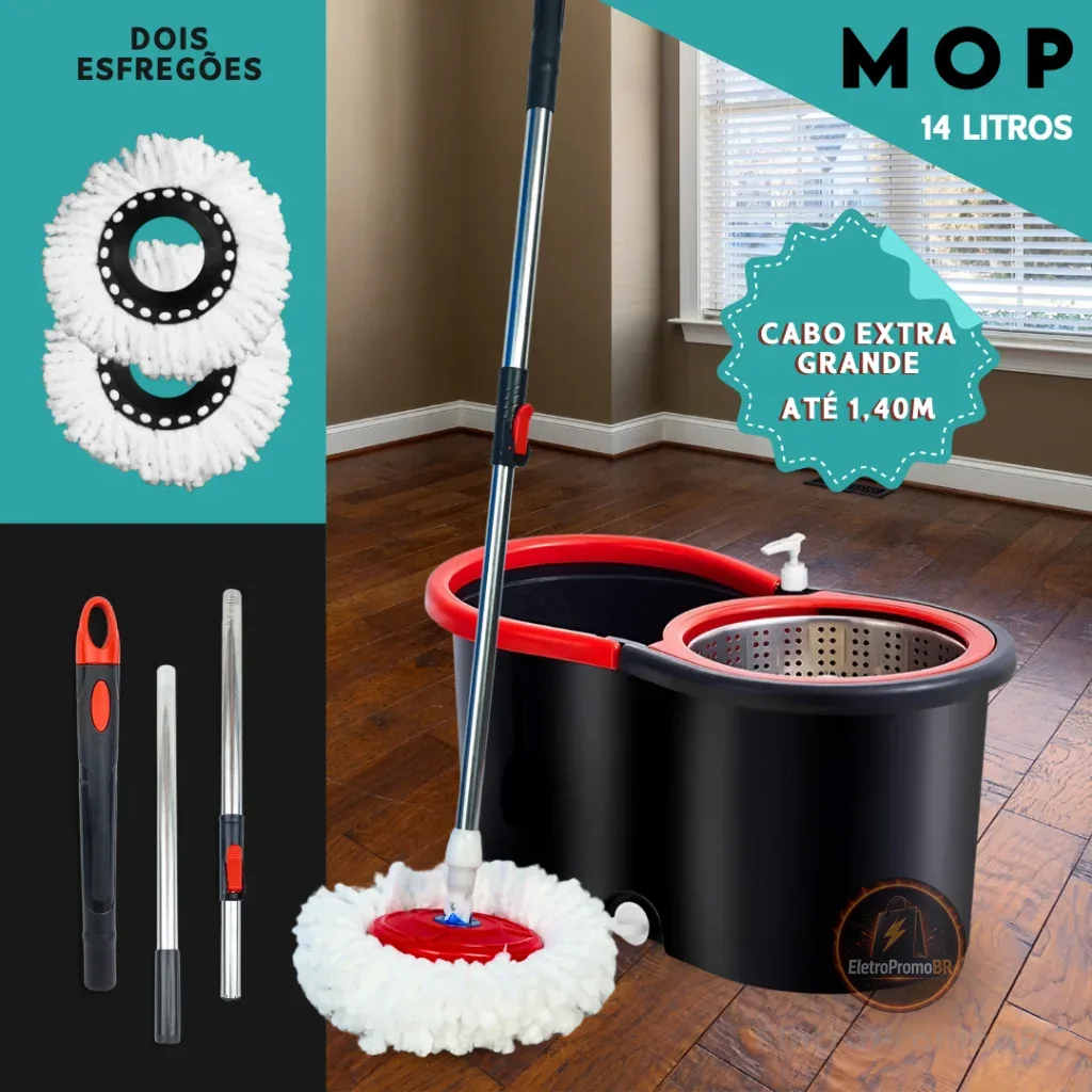 Mop Girátorio Cleaner Profissional – Balde com Centrífuga 14L + Refil Duplo e Cabo Reforçado - MN