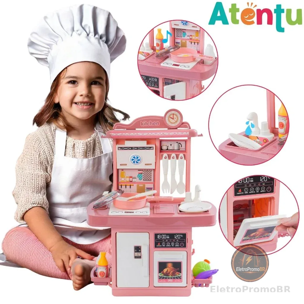Kit Cozinha de Brinquedo Infantil Solta Água e Som Forno Pia Geladeira Panela