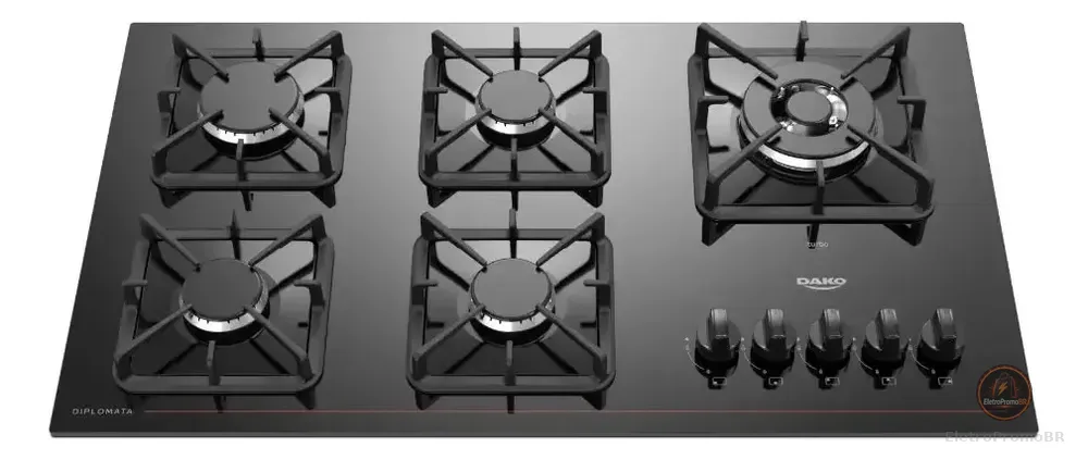 Cooktop 5 Bocas Dako Diplomata com Mesa De Vidro e Tripla Chama e Acendimento Automático A Gás Preto Bivolt