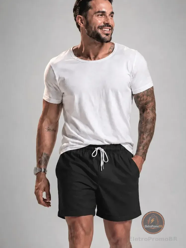 Bermuda Linho Masculina Mauricinho Praia Social Casual Verao Preto Liso Gg