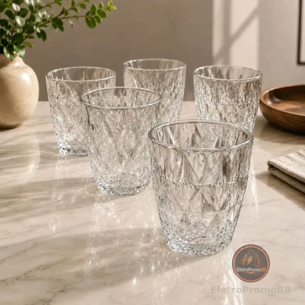 Jogo 6 Copos Baixos Diamond 300ml Vidro Resistente Diamante Transparente