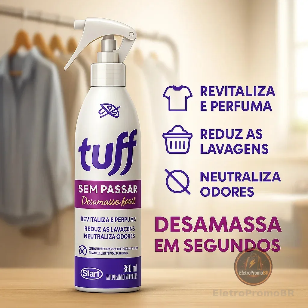 Tuff Sem Passar. Desamassa Fácil, Perfuma e Neutraliza Odores.