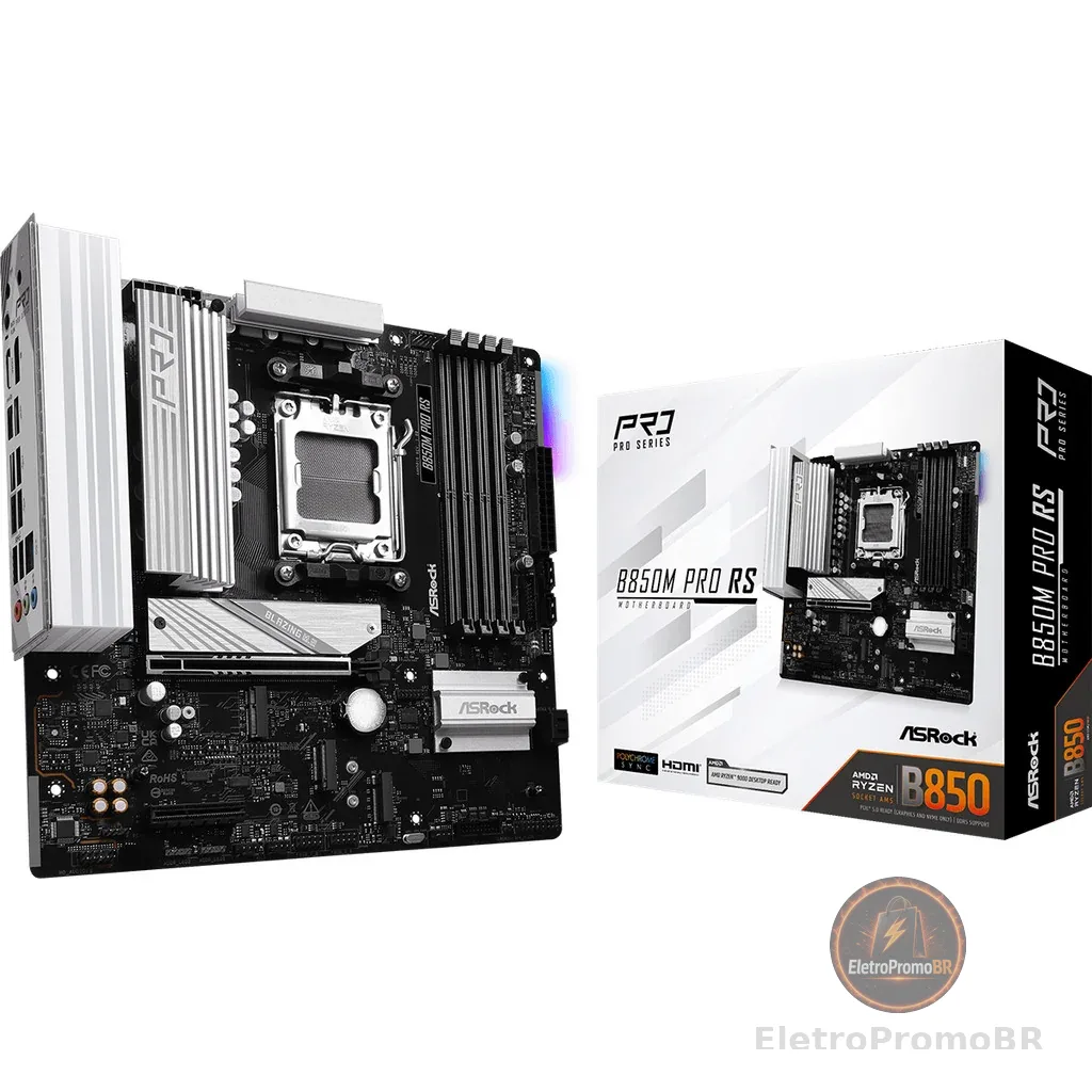 Placa Mãe Asrock Am5 B850m Pro Rs M-atx 4xddr5 256gb 4xusb2.0 3xusb3.2 1xusb3.2 Tipo-c Hdmi/dp Rede Giga 3xm.2 Nvme