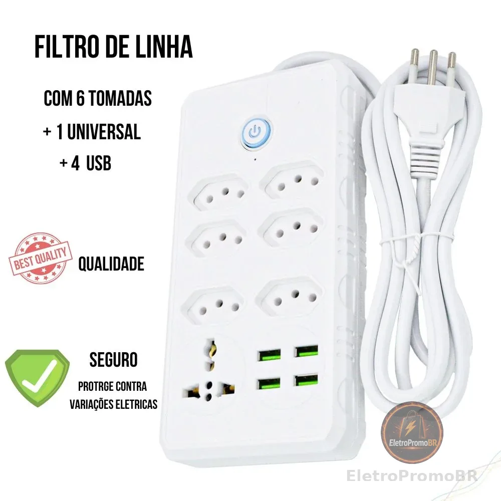 Régua Filtro de Linha com 7 Tomadas Extensão Elétrica 1 Universal 4 USB Bivolt 10A 110v/220v Cabo de 2 Metros Seguro e confiável