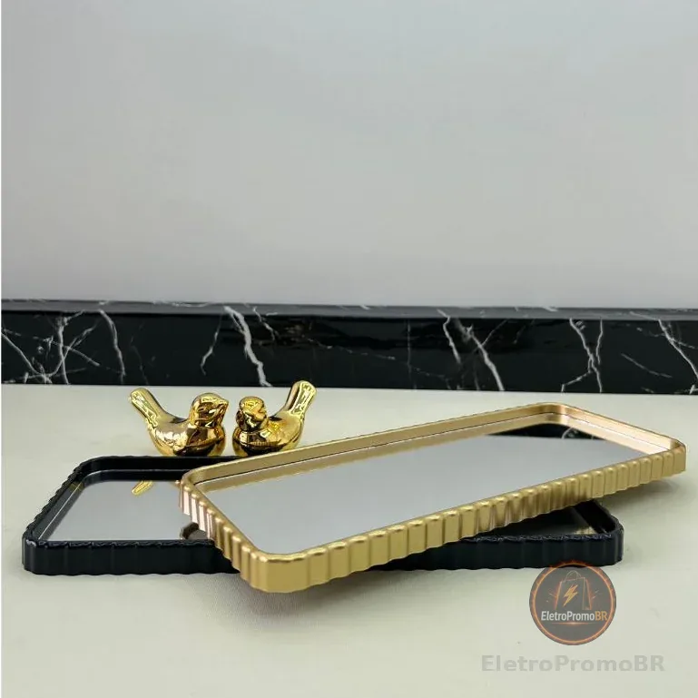 Bandeja Espelhada Banheiro Lavabo Bandeja Decorativa Multiuso Preta Dourada