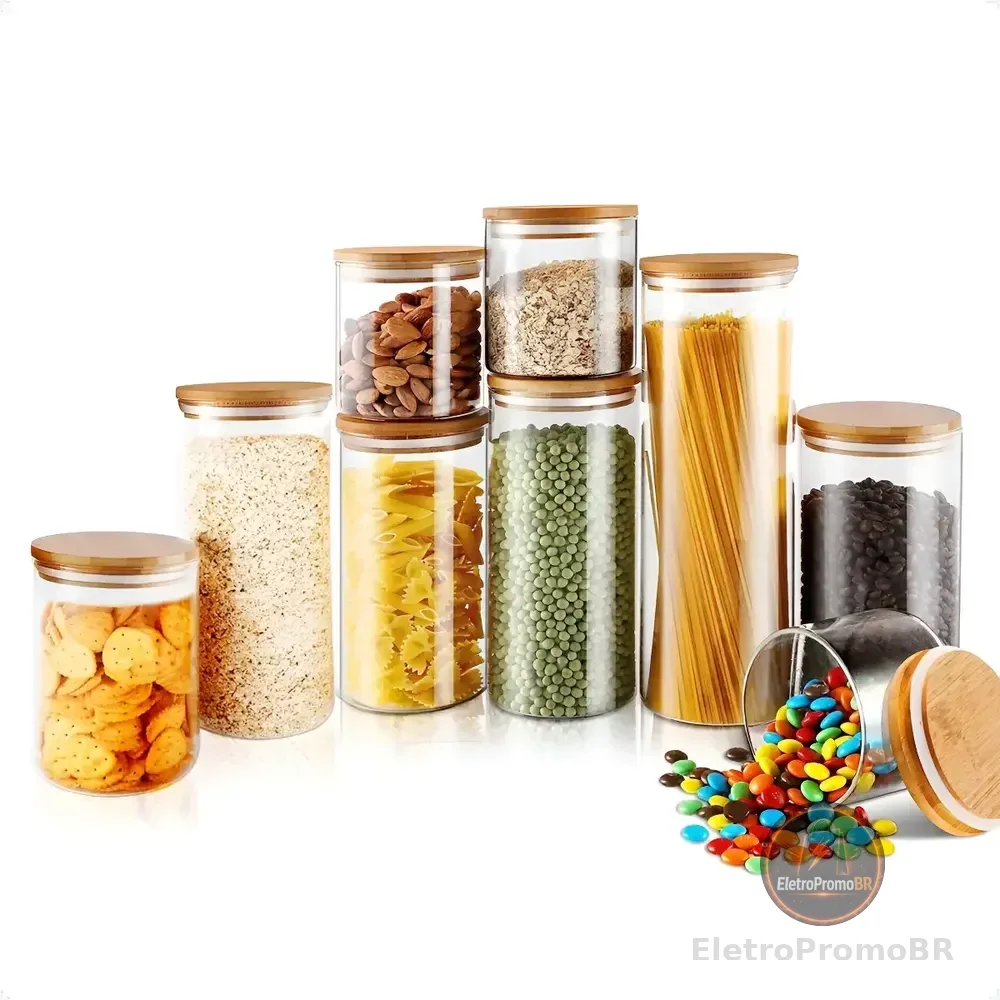 Kit 9 Potes Mantimentos Vidro Herméticos Com Tampa Bambu Alta Resistência Epsilon EPS-709