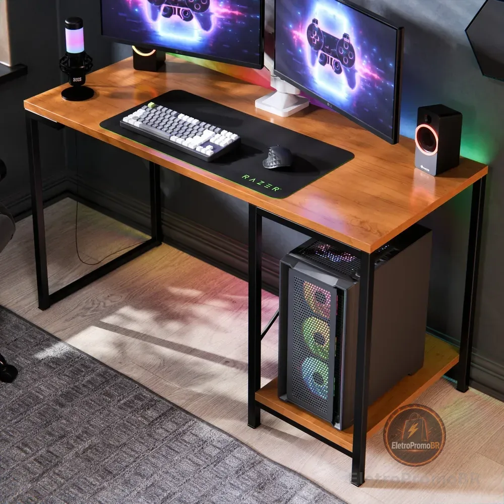 Escrivaninha Gamer Industrial Maxído Brasil para Computador e Estudos, Com Prateleira e Suporte de CPU, Preta e Canela