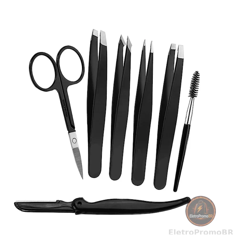 Kit 7 Peças Para Limpeza de Sobrancelha Tesoura/ Pinça/ Escovinha