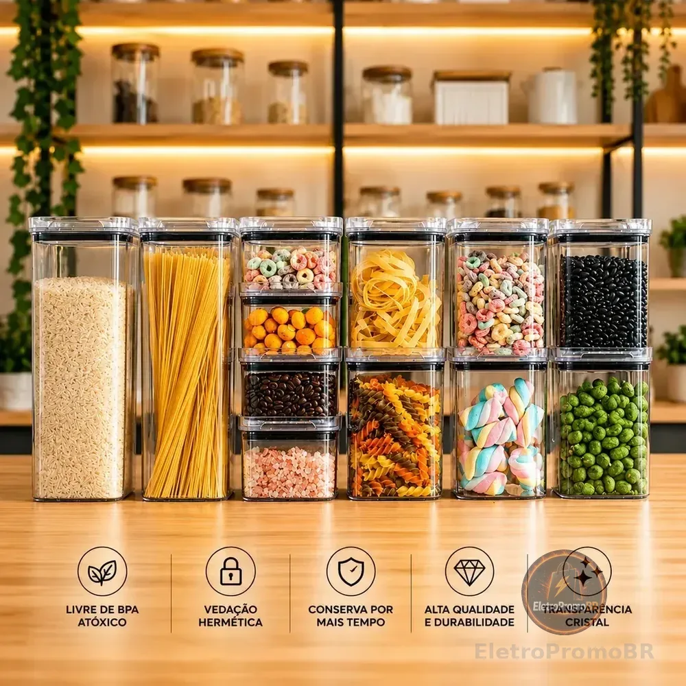 Kit Potes Porta Mantimento Hermético Quadrado Cozinha 12 Uni