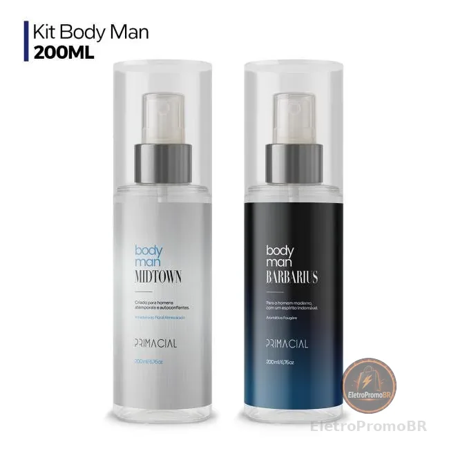 KIT COM 2 BODY SPLASH MASCULINO BARBARIUS E MIDTOWN 200ML - PRIMACIAL PERFUME FRESCO AMADEIRADO