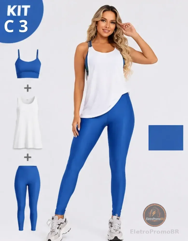 Kit Conjunto Cropped Legging + Regata Fitnes Academia Treino Azul M