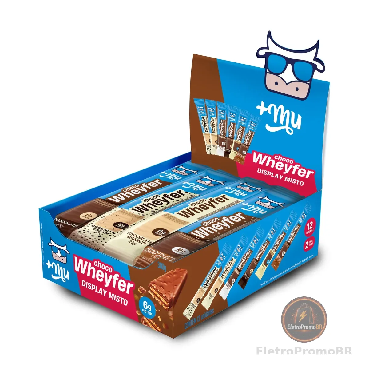 +Mu Chocowheyfer Proteico Caixa Mista - Display 12 unidades | 6g de Proteína, Zero adição de açúcares, Crocante, Para comer sem culpa, 2 unidades de cada sabor