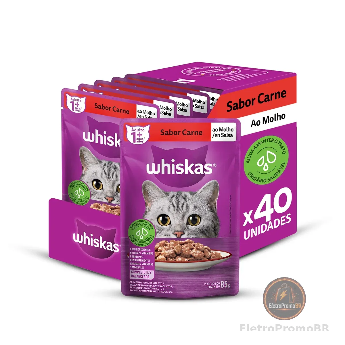 Pack de Ração Úmida Whiskas Sachê Carne ao Molho para Gatos Adultos, 40 sachês de 85 g