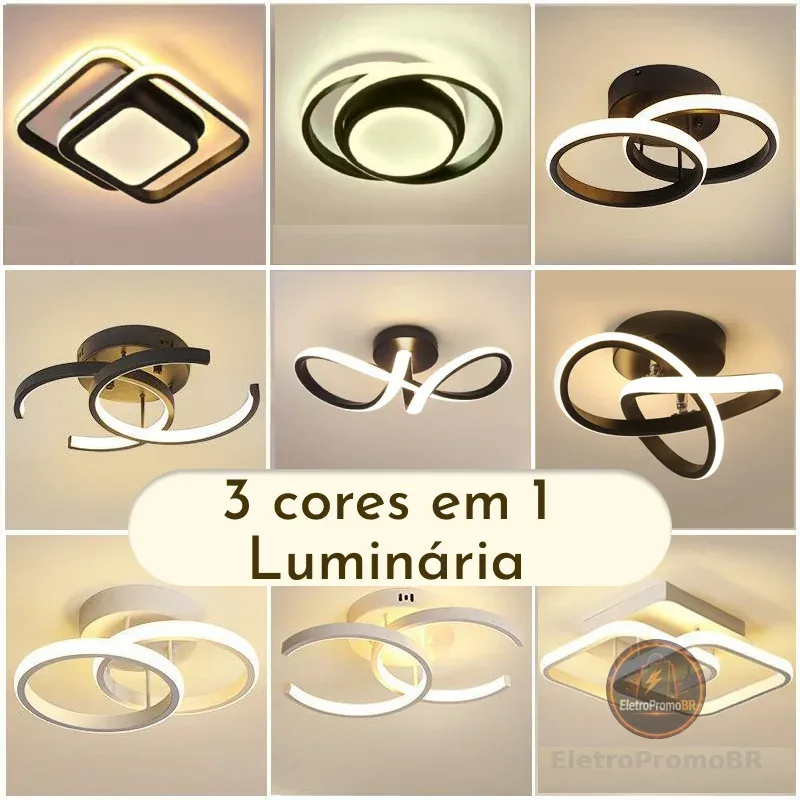 Luminária Plafon LED de Teto Moderna com 3 Cores de Luz Para Sala, Quarto, Hall e Ambientes Internos