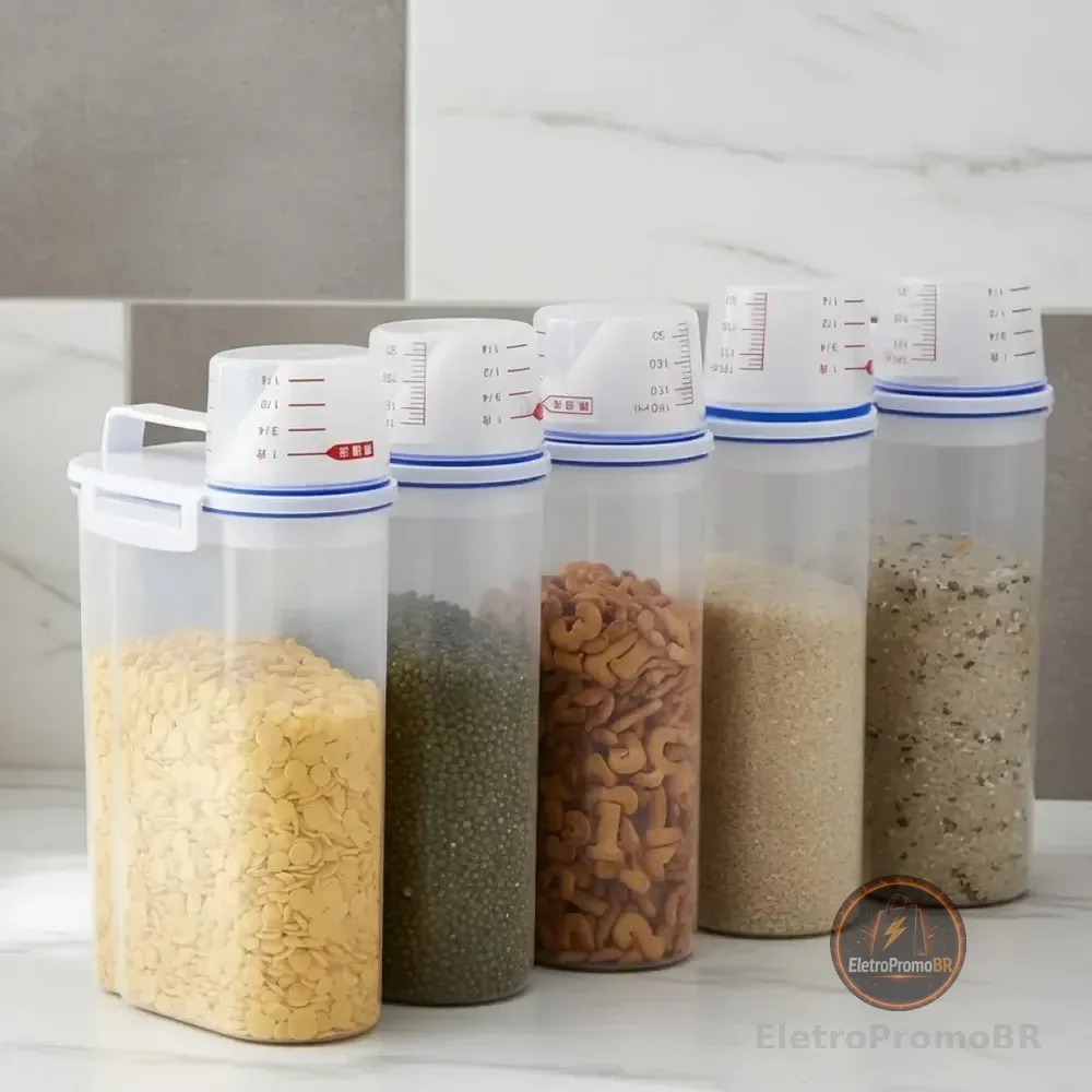 Conjunto 5 Potes Herméticos 2l Multiuso Dispenser De Armazenamento De Grãos Cereais Ração Sabão Com Copo Medidor E Bico Dosador Com Travas