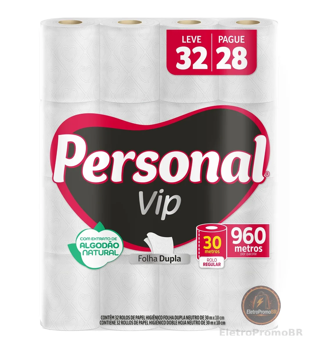 Personal Papel Higiênico VIP Folha Dupla Leve 32 Pague 28 rolos 30M
