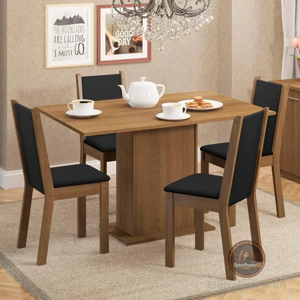 Sala De Jantar Madesa Talita Mesa Tampo Madeira 4 Cadeiras Cor Rustic/Preto/Sintético Preto Desenho do tecido das cadeiras Liso