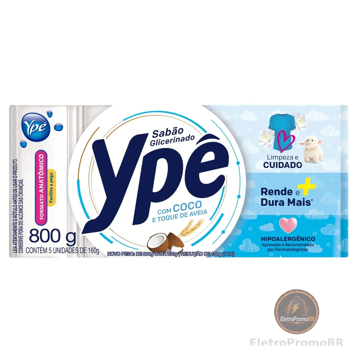 Ypê Sabão em Barra Glicerinado Coco e Toque de Aveia 800g - 5 Unidades de 160g