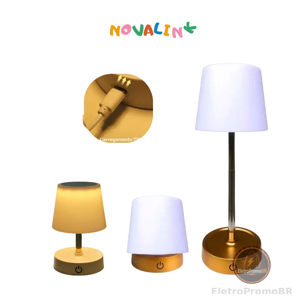 Abajur Recarregável Touch Luminária Retrátil em Aço com Luz de Led Branco Quente Ajustável-USB