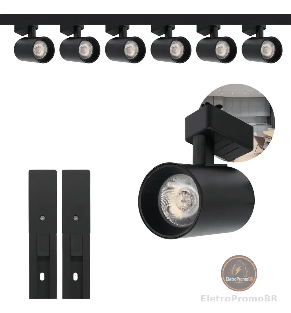 Kit Trilho Eletrificado Preto 2m com 6 Spots LED 10W Luz Fria 6000K