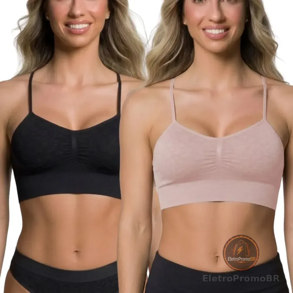 Kit 2 Top Sutiã Poliamida Microfibra Sem Costura Selene 1 Preto - 1 Rosa Nude Top Selene Sutiã Confortável Sutiã Sem Costura M Franzido Anatômico Sem Apertar