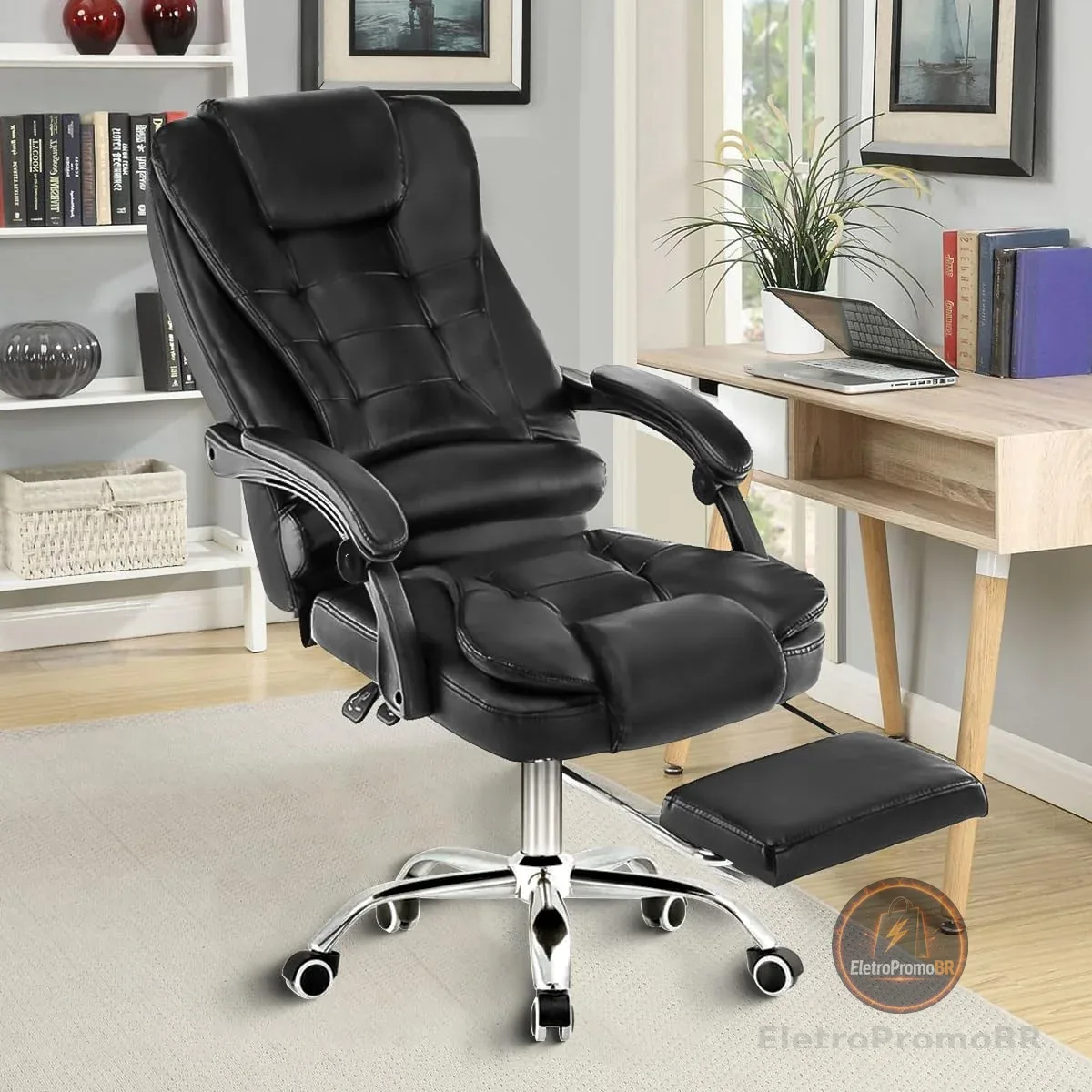 Cadeira de escritório presidente, cadeira de home office com apoio para os pés e encosto ajustável（Preto）
