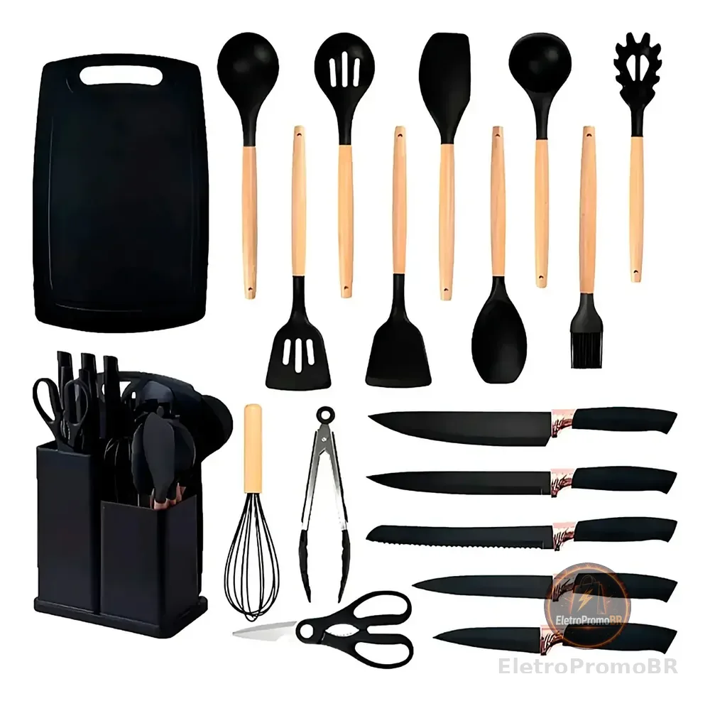 Conjunto 19 Peças Utensílios Cozinha Silicone Preto Helplo Preto