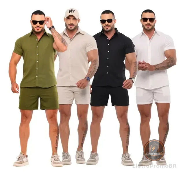 Conjunto Masculino Linho Camisa Shorts Mauricinho Com Bolso