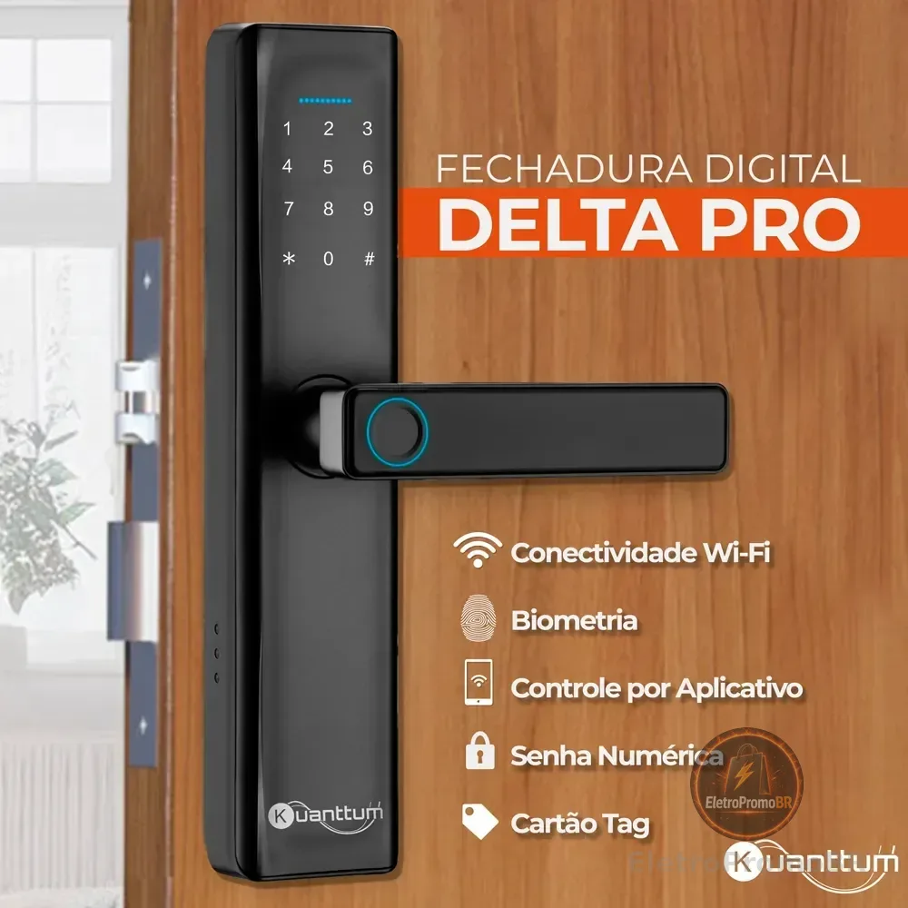 Fechadura Digital Biométrica Kuanttum Delta PRO WiFi Senha App Tuya Preta