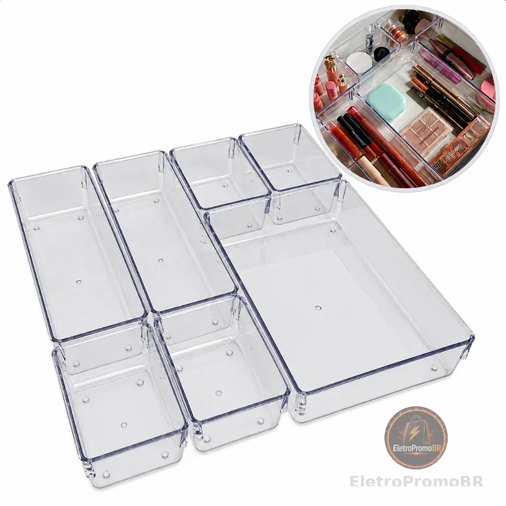 Kit 7 Organizadores Multiuso para Gavetas Armários Geladeiras Pote Acrílico Cristal e Fumê Plastutti