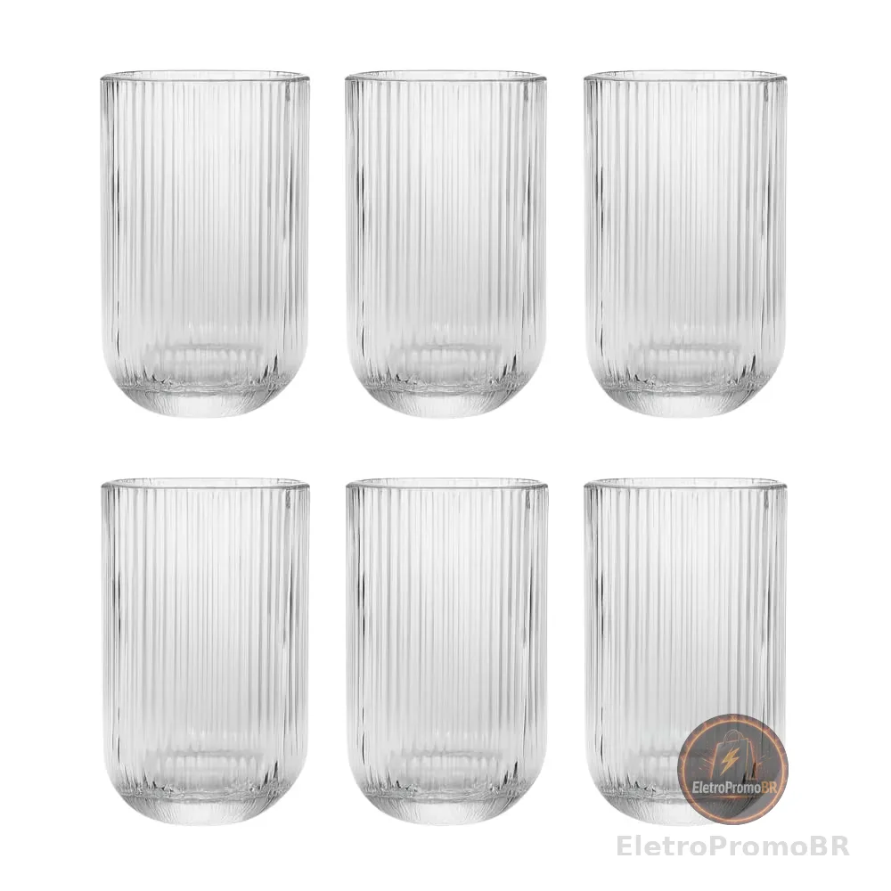 Jogo com 6 Copos de Vidro Canelado 420ml Design Elegante e Resistente Ideal para Suco Água Refrigerante Drinks e Café Transparente para Cozinha Bar e Restaurante