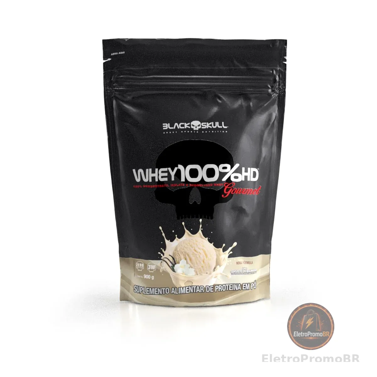 REFIL POUCH 100% HD GOURMET 900G SORVETE BAUNILHA (pacote pode variar). | Proteína do soro do leite com sabor gourmet, embalagem refil prática e econômica, excelente diluição e cremosidade