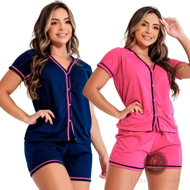 Kit 2 Pijama Curto Americano Blogueirinha Amamentação Botões