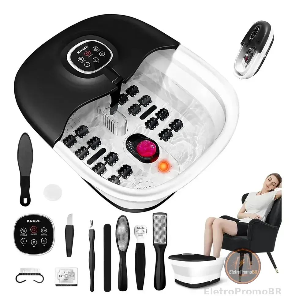 Hidromassageador para Pés Knqze com Bolhas, Aquecimento e Infravermelho, Preto