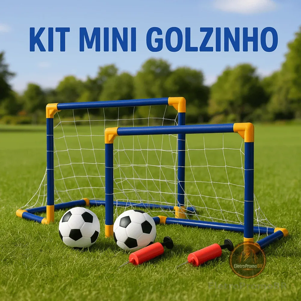 Kit Trave Golzinho Futebol Infantil – 2 Traves + 2 Bolas + 2 Bombas – Trave de Brinquedo com Rede