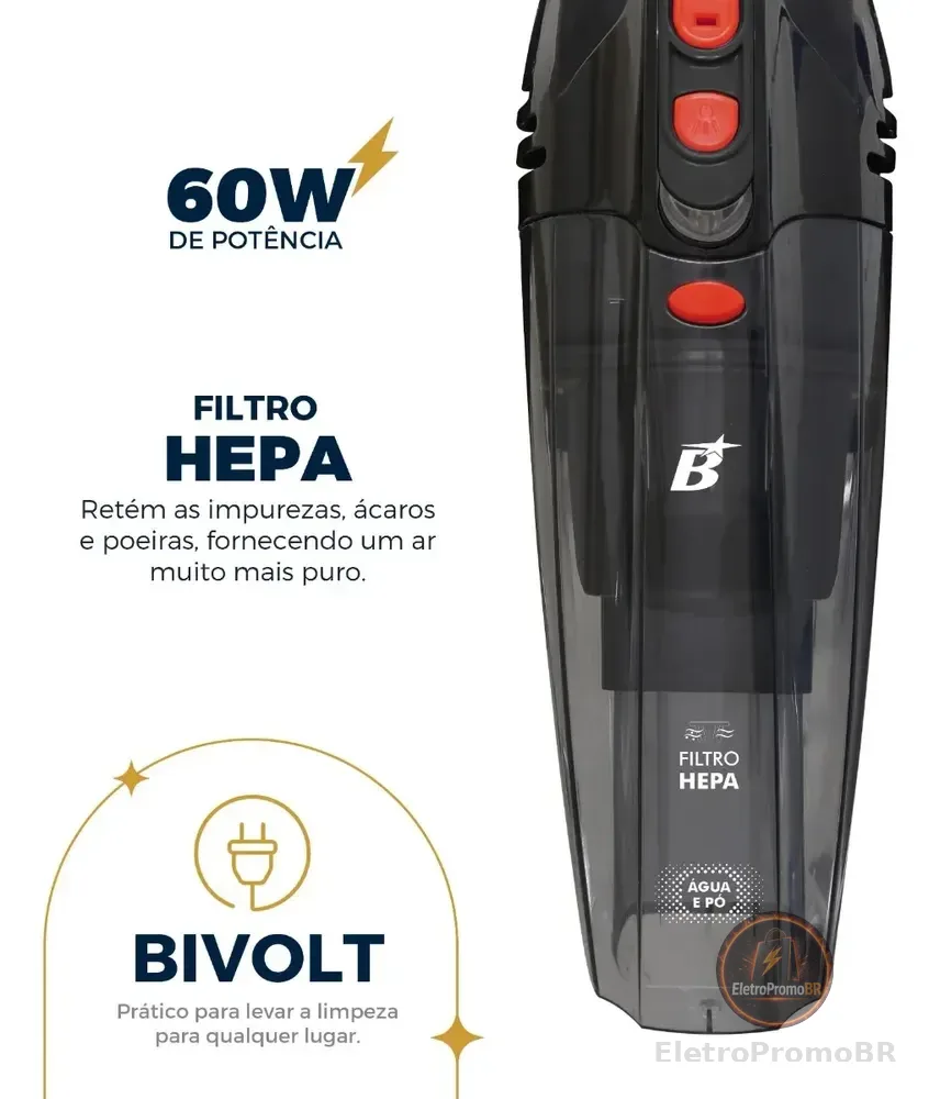 Aspirador De Pó Portátil Bas01 Pó E Água Bivolt 60w Britânia Cinza