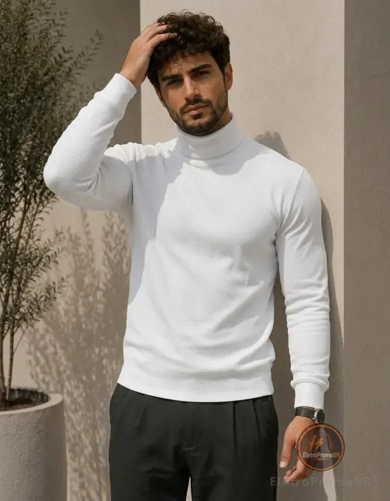 Blusa De Frio Masculina Cacharrel Gola Alta Rolê Canelada Branco Canelado M