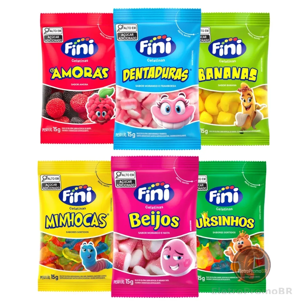 Kit 30UN Temáticos Balas Fini Gelatinas Balas Doces e Cítricas de 15g Cada