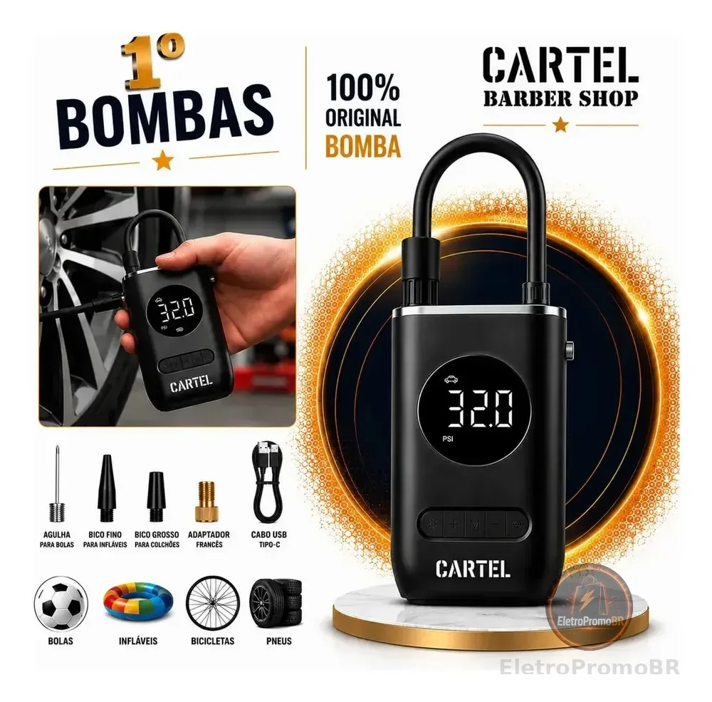 Mini Compressor Digital Portátil Cartel Barber Shop para Carro Moto e Bicicleta com Calibrador Digital Inflador Elétrico de Pneus 12V Display LCD Lanterna LED Compacto e Recarregável Preto