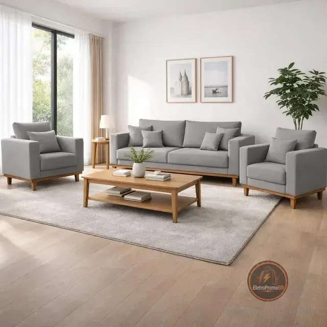 Kit 2 Poltronas Living + Sofá 3 Lugares Base Madeira Linho