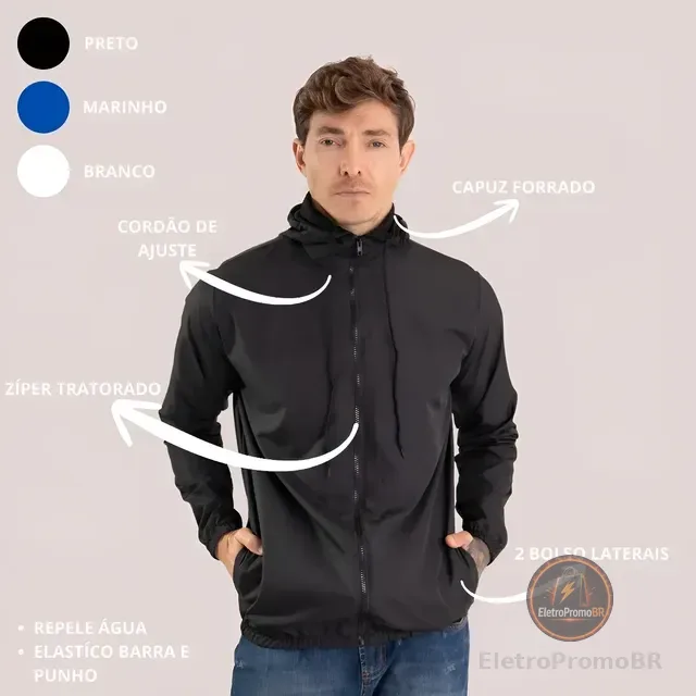 Jaqueta Corta Vento Liso Unissex Esportivo Capuz E Bolsos