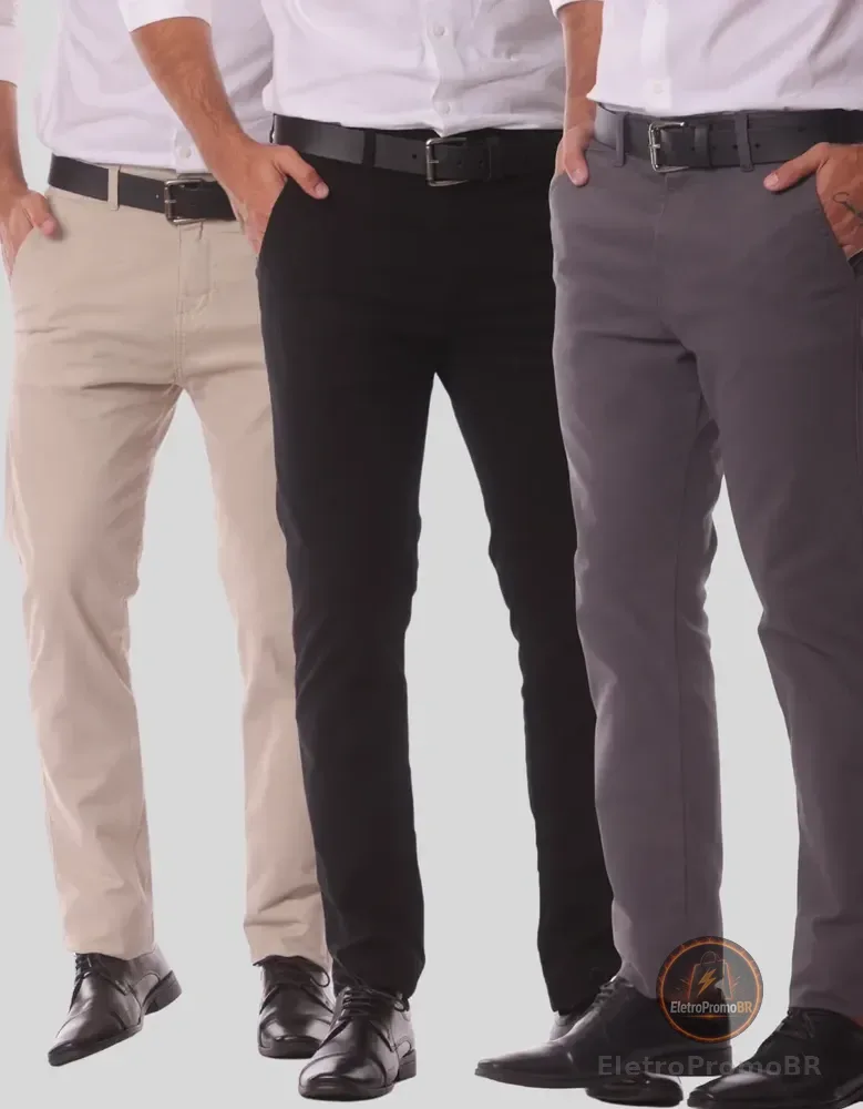 Kit 3 Calça Masculina Sarja Slim Alfaitaria Esporte Fino Preto-bege-chumbo 36