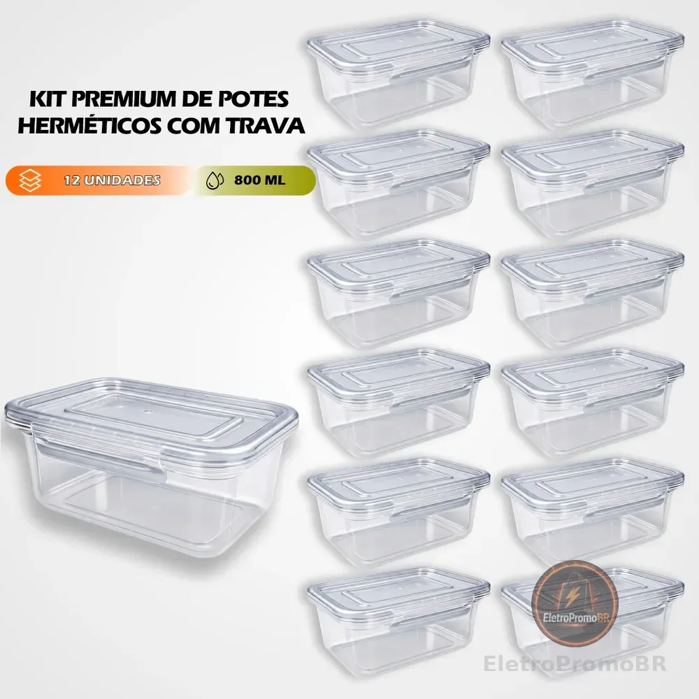 Kit 12 Marmitas 800ml Potes Trava Lateral Freezer Microondas Transparente