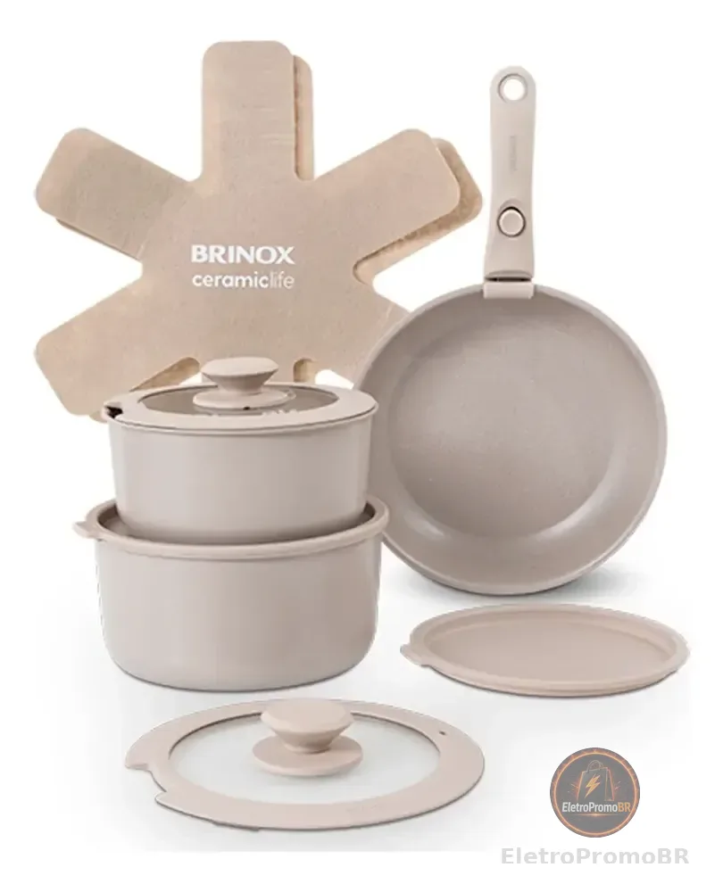 Jogo De Panelas Antiaderente Cerâmico 10 Peças Brinox Fit Cor Areia