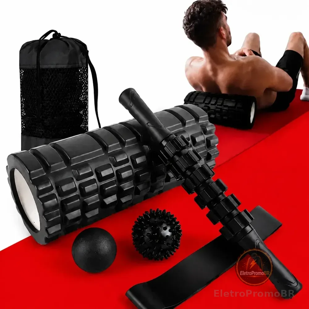 Kit 6- Rolo Miofascial Bastão Bolas Massagem Mini Band Bolsa Preto