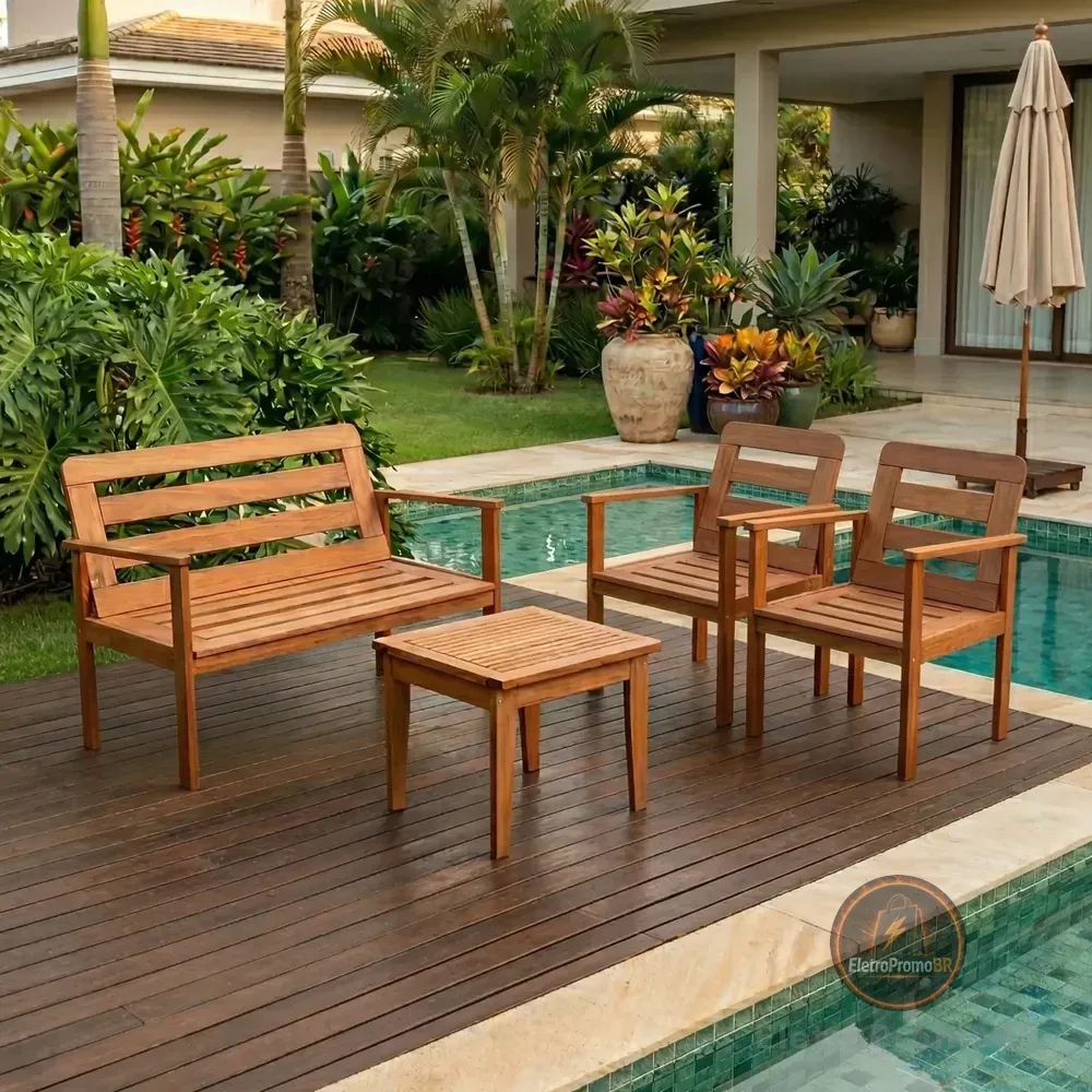 Conjunto Yescasa Jardim 1 Sofá 2 Poltronas E Mesa Madeira