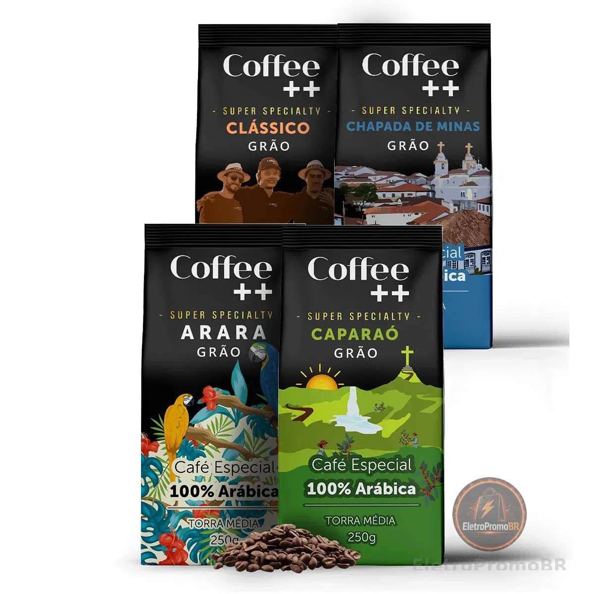 Kit 4 Pacotes Café Especial em Grãos Coffee Mais Variedades: Arara, Caparaó, Chapada de Minas e Clássico - 100% Arábica (4x250g)