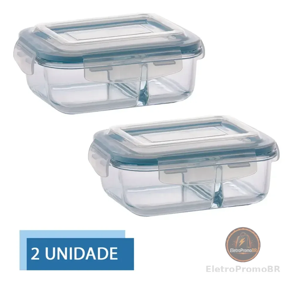 Jogo Com 2 Potes 640ml Divisória Hermético Marmita Microondas Vidrio Quality House / Univendas